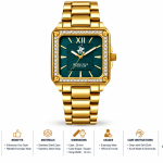 Beverly Hills Polo Club Women’S Gold-Tone Square Watch With Crystal Bezel & Green Dial