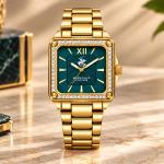 Beverly Hills Polo Club Women’S Gold-Tone Square Watch With Crystal Bezel & Green Dial