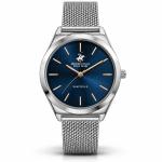 Beverly Hills Polo Club Slim Tech 5 Women’S Silver Mesh Watch With Blue Dial