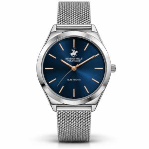 Beverly Hills Polo Club Slim Tech 5 Women’S Silver Mesh Watch With Blue Dial