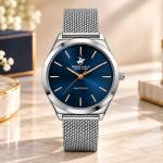 Beverly Hills Polo Club Slim Tech 5 Women’S Silver Mesh Watch With Blue Dial