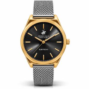 Beverly Hills Polo Club Slim Tech 5 Women’S Analog Watch – Gold Case, Black Dial & Silver Mesh Strap