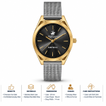 Beverly Hills Polo Club Slim Tech 5 Women’S Analog Watch – Gold Case, Black Dial & Silver Mesh Strap