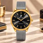 Beverly Hills Polo Club Slim Tech 5 Women’S Analog Watch – Gold Case, Black Dial & Silver Mesh Strap