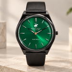 Beverly Hills Polo Club Slim Tech 5 Men’S Black Leather Strap Watch – Green Dial