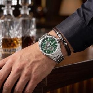 Men'S Chronograph Watch – Silver Stainless Steel Strap With Textured Green Dial MS Department Store Oman