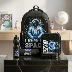 SCHOOL BAG TROLLEY 18" WITH LUNCH BAG, PENCIL CASE, DINNER SET & WATER BOTTLE BLACK WITH SPACE SUIT DESIGN