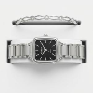 Ceshdun Silver-Tone Women’S Square Wristwatch & Bracelet Set With Black Dial MS Department Store Oman