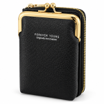 Sat Fat Black Faux Leather Coin Purse with Gold-Tone Kiss-Lock Closure and Zipper