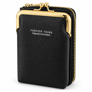 Sat Fat Black Faux Leather Coin Purse with Gold-Tone Kiss-Lock Closure and Zipper