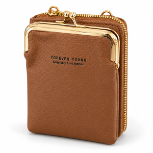 Sat Fat Brown Coin Purse with Gold-Tone Kiss-Lock Closure