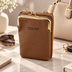 Sat Fat Brown Coin Purse with Gold-Tone Kiss-Lock Closure