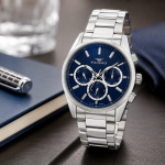 Ferro Men's Multifunction Analog Watch with Blue Textured Dial & Silver Stainless Steel Strap MS Department Store Oman