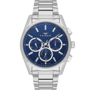 Ferro Men's Multifunction Analog Watch with Blue Textured Dial & Silver Stainless Steel Strap MS Department Store Oman