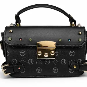 SAT FAT Black Monogram Top-Handle Satchel with Gem-Studded Flap & Gold Lock