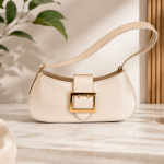 ANGEL POLO Off-White Leather Shoulder Bag with Oversized Gold Buckle