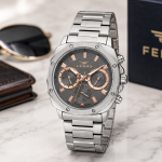 Ferro Men's Multifunction Stainless Steel Watch with Grey Dial & Rose Gold Accents MS Department Store Oman