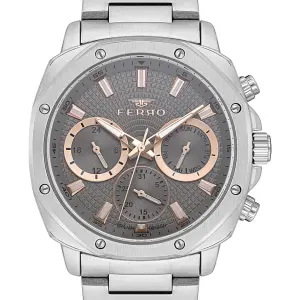 Ferro Men's Multifunction Stainless Steel Watch with Grey Dial & Rose Gold Accents MS Department Store Oman