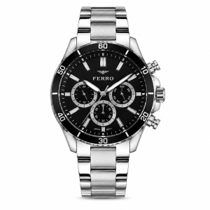 Ferro Men's Stainless Steel Multi-Function Analog Watch - Black Dial, Silver Strap MS Department Store Oman