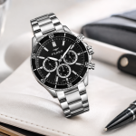 Ferro Men's Stainless Steel Multi-Function Analog Watch - Black Dial, Silver Strap MS Department Store Oman