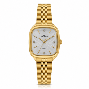 Ferro Women's Gold-Tone Quartz Analog Watch with White Sunray Dial & Crystal Hour Markers MS Department Store Oman