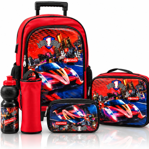 WIRES SCHOOL BAG TROLLEY 18" WITH LUNCH BAG, PENCIL CASE, DINNER SET & WATER BOTTLE WITH RACING CAR DESIGN MS Department Store Oman