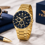 Ferro Men's Gold Stainless Steel Multifunction Analog Watch with Blue Dial MS Department Store Oman