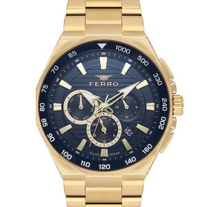 Ferro Men's Gold Stainless Steel Multifunction Analog Watch with Blue Dial MS Department Store Oman