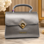 ANGELPOLO Metallic Grey Top-Handle Handbag with Diamond Turn-Lock
