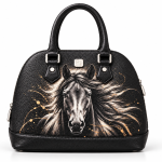 Rezvan Handmade Black Leather Handbag with Horse Design