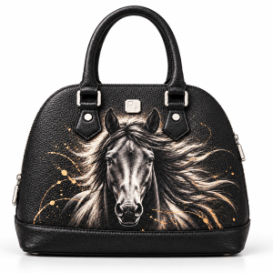 Rezvan Handmade Black Leather Handbag with Horse Design