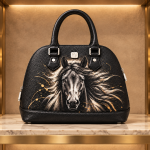 Rezvan Handmade Black Leather Handbag with Horse Design