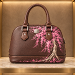Rezvan Handmade Brown Leather Handbag with Pink Blossom Design