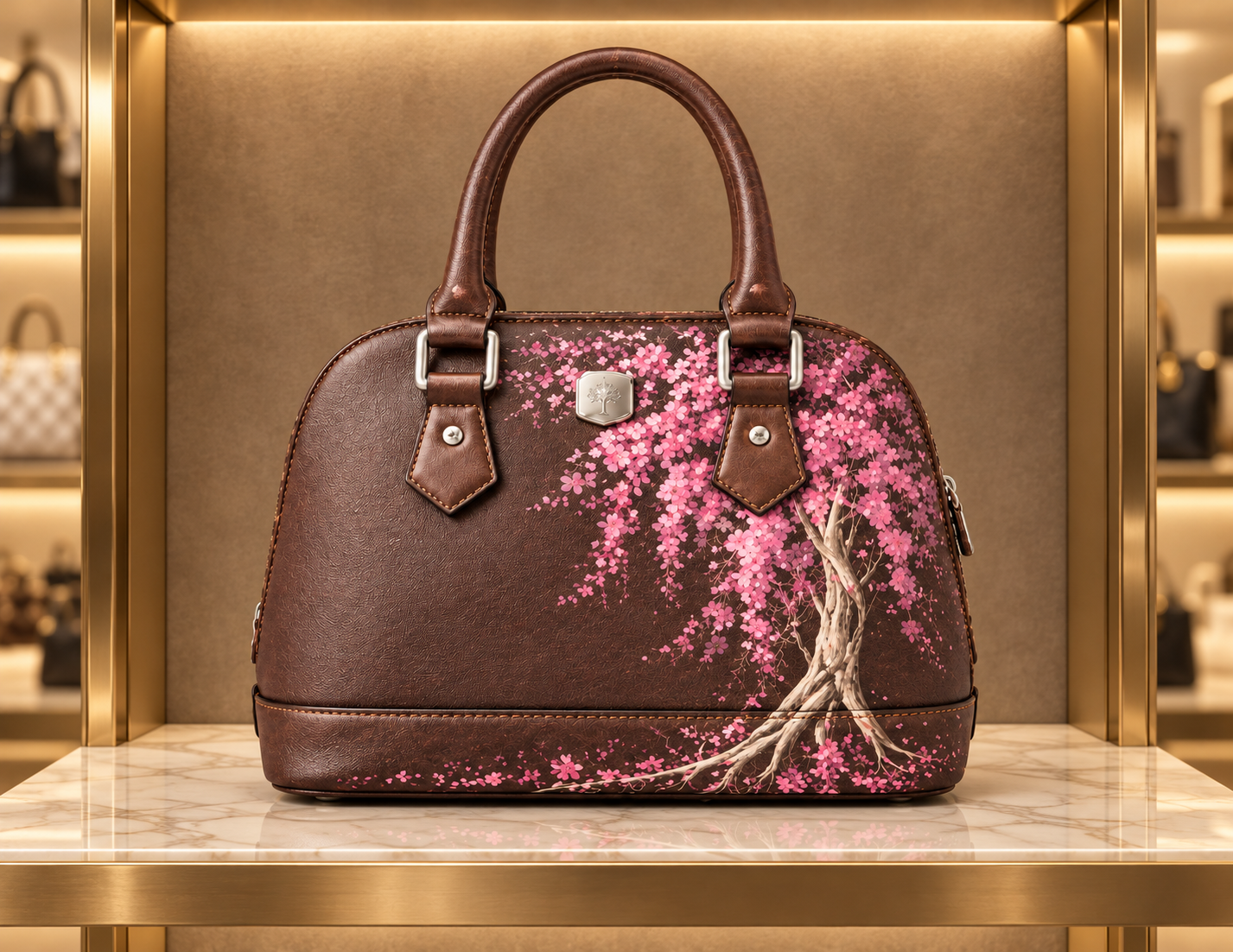 Rezvan Handmade Brown Leather Handbag with Pink Blossom Design