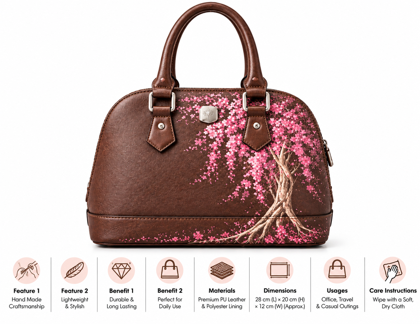 Rezvan Handmade Brown Leather Handbag with Pink Blossom Design