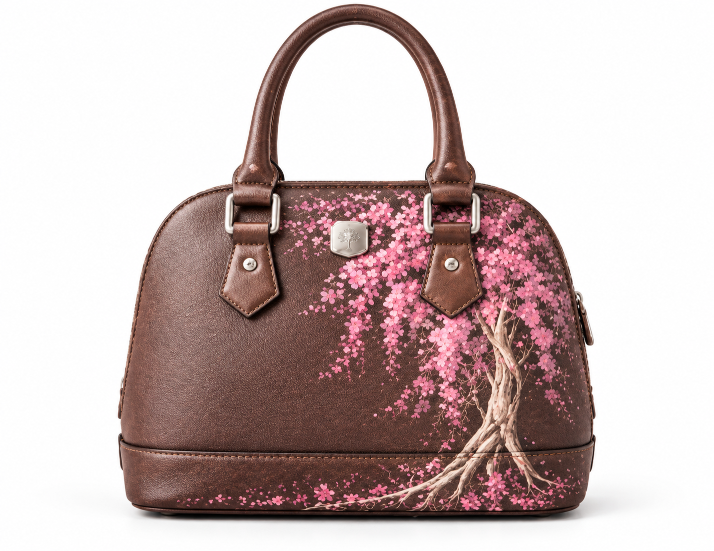 Rezvan Handmade Brown Leather Handbag with Pink Blossom Design