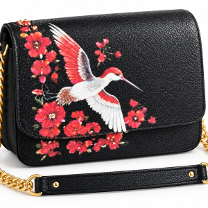 Rezvan Handmade Black Leather Hummingbird Floral Shoulder Bag