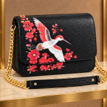 Rezvan Handmade Black Leather Hummingbird Floral Shoulder Bag