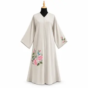 Rezvan Handmade Women's Off-White Hand-Painted Floral Abaya with Wide Sleeves