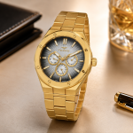 Ferro Men's Gold Stainless Steel Multifunction Analog Watch with Black Textured Dial MS Department Store Oman
