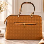 Sat Fat Women's Tan Brown Diamond Pattern Double Handle Handbag with Front Zipper