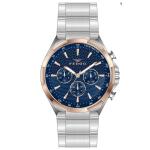 Ferro Men's Multifunction Analog Watch – Blue Textured Dial, Two-Tone Stainless Steel Bracelet, Rose Gold Bezel MS Department Store Oman