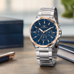 Ferro Men's Multifunction Analog Watch – Blue Textured Dial, Two-Tone Stainless Steel Bracelet, Rose Gold Bezel MS Department Store Oman