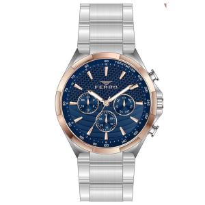 Ferro Men's Multifunction Analog Watch – Blue Textured Dial, Two-Tone Stainless Steel Bracelet, Rose Gold Bezel MS Department Store Oman