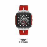 Ferro Men's Skeleton Square Dial Analog Watch with Red Silicone Strap – Black/Silver MS Department Store Oman