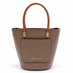 ANGEL POLO Taupe Brown Leatherette Bucket Tote Bag with Cognac Handles