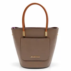 ANGEL POLO Taupe Brown Leatherette Bucket Tote Bag with Cognac Handles