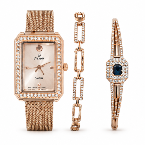 Sveston Women’s Rose Gold Rectangular Crystal Watch & Bracelet Jewelry Set – Assorted MS Department Store Oman