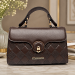 ANGELPOLO Dark Brown Quilted Top-Handle Satchel with Turn-Lock Closure