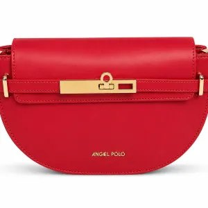 ANGEL POLO Crimson Red Half-Moon Crossbody Bag with Gold Bar Lock